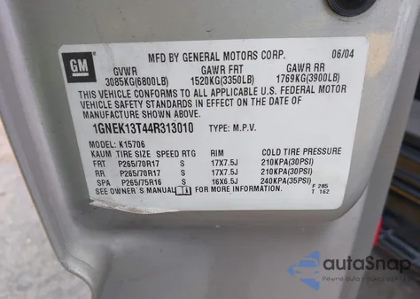 2004 Chevrolet Tahoe K1500 from USA, damaged, VIN 1GNEK13T44R313010